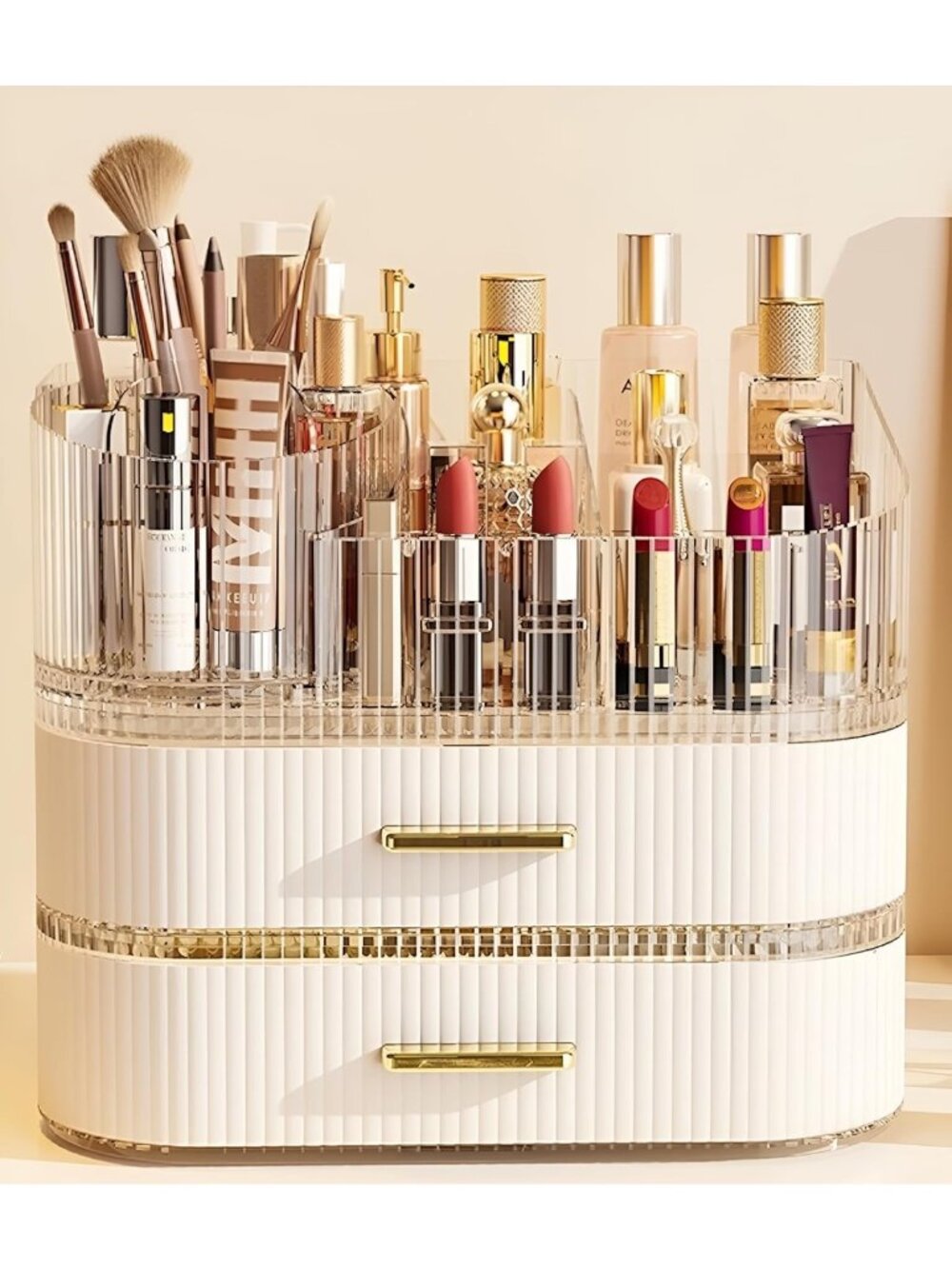 Spacious Makeup Organizer with Drawers & 360° Rotating Brush Holder - Perfect